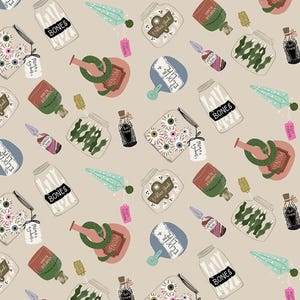 May include: A beige pattern featuring various potion bottles, jars of bones, and vials. The bottles are labeled "Venom" and "Blood", while the jars contain eyeballs and green plant-like objects. The design includes tags and crystal-shaped elements.
