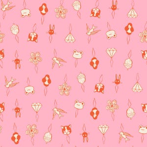May include: A repeating pattern on a light pink background featuring small, hand-drawn style icons of birds, frogs, flowers, acorns, diamonds, rabbits, and stylized faces, all outlined in a warm orange color and suspended by thin lines.