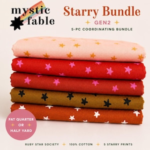 May include: A stack of five fabric bundles with star patterns in various colors, including pink, red, and brown. The text "Starry Bundle" and "5-PC Coordinating Bundle" are visible. The fabric is 100% cotton and from Ruby Star Society.