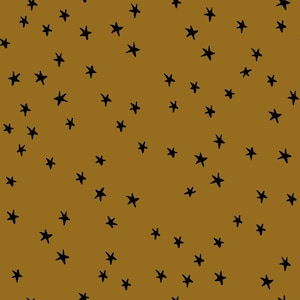 May include: A repeating pattern of black stars scattered across a mustard-yellow background. The stars are hand-drawn with irregular shapes, creating a whimsical and playful design. This pattern is suitable for various applications, including fabric, wallpaper, or digital art.