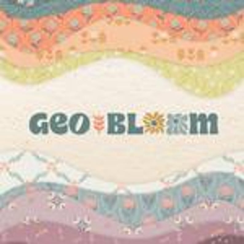 May include: A colorful, layered design with a wavy pattern in shades of orange, peach, teal, and purple. The text "geo BLOOM" is centered, with the word "geo" in a teal font and "BLOOM" in a floral design.