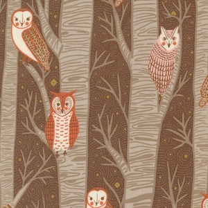May include: A repeating pattern featuring stylized owls perched among brown tree trunks and branches. The owls are in shades of orange, pink, and white, set against a tan and brown background. The design includes small yellow star-like accents.