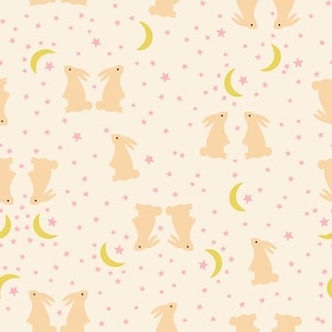 May include: A repeating pattern featuring light tan bunnies, pink stars, and yellow crescent moons on a cream background. The bunnies are in various poses, some facing each other. The design is whimsical and suitable for children's products.