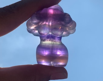 Mushroom Goddess Crystal Carvings | Rainbow Fluorite, Female Body, Banding, Rose Quartz, Ocean Jasper, Palm Stones, Natural Gemstones.