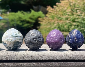 Crystal Strawberry Carvings | Natural Polished Gemstones, Fruit, Fluorite Larvikite Lepidolite Sodalite Quartz Moss Agate Aventurine