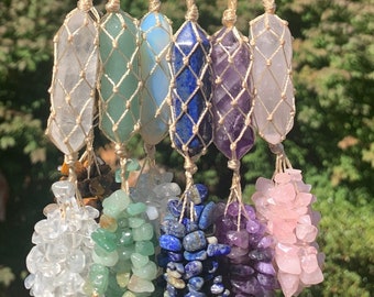 Double Point DT Car Hanger, Car Charm, Accessory, Wall Door Hanger, Keychain: Amethyst, Clear Rose Quartz, Lapis Lazuli, Opalite, Aventurine