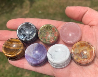 Mini Crystal Sphere Stands | Carvings, Gemstones, Sphere Base Lepidolite Rose Quartz Tigers Eye Unakite, Larvikite, Crazy Lace Agate Howlite