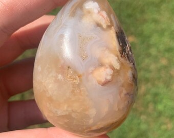 Flower Agate Egg | Crystals, Druzy, Quartz, Cherry Agate, Carvings, Palm Stones, Worry Stones, Natural Polished Stones, Sakura, banding