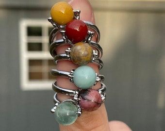 Crystal Fidget Rings (Adjustable) | Spinning Ball, Gemstone, Jewelry, Crystal Jewelry, Natural Stone, Rose Quartz, Tiger’s Eye, Labradorite