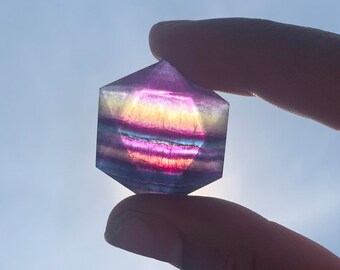 Small Rainbow Fluorite Hexagon Carvings | Multi Faceted, Crystals, Banding, Natural Gemstones, Points, Palm Stones, Jewelry, Cabochons