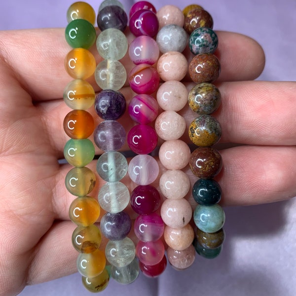 8mm Beaded Crystal Bracelets | Natural Gemstones, Moss Agate, Lepidolite, Tigers Eye, Mookaite, Rhodonite, Aquamarine, Ocean Jasper