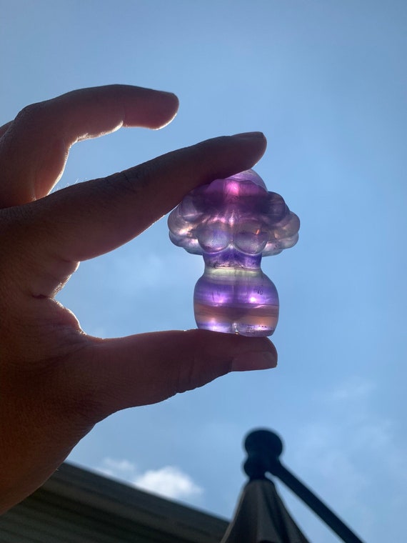 Mushroom Goddess Crystal Carvings | Rainbow Fluorite, Female Body, Banding, Rose Quartz, Ocean Jasper, Palm Stones, Natural Gemstones.