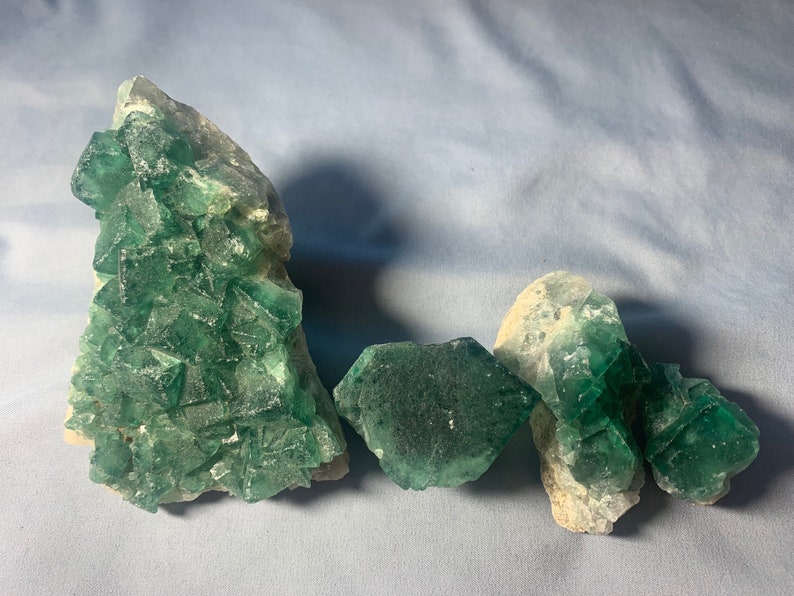 May include: Three green fluorite crystals of varying sizes. The largest crystal is a cluster of smaller crystals, while the other two are single crystals. The crystals are a vibrant green colour and have a glassy lustre.