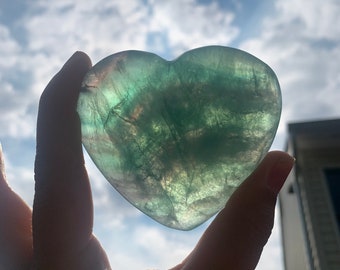 Green Fluorite Heart Stone | Carvings, Rainbows, Silver Sheens, Banding, Palm Stones, Crystals, Natural Gemstones, Rainbow Fluorite, Purple.