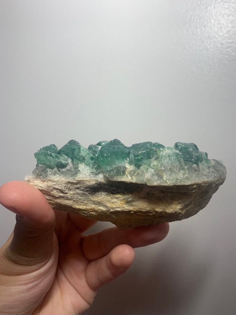 May include: A cluster of green fluorite crystals on a rough, beige rock. The crystals are translucent and have a glassy lustre.