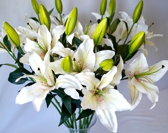 WHITE LILIES 26"H Tall Artificial Flowers | Wedding Flowers | Bridal Bouquet | White Wedding Decor | Summer Indoor & Outdoor Decor