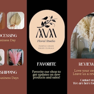 May include: A collage of images showcasing dried pampas grass and other dried florals. The images include a bouquet of dried pampas grass in a vase, a single stem of pink pampas grass, a dried palm leaf, and a bouquet of dried green and white florals. The text "M Floral Studio" is displayed in a circle with a bird and branch design. The text "Pampas Grass Dried Florals" is also displayed. The text "Processing 1 Business Day", "US Shipping 2-5 Business Days", "Favorite Favorite our shop to get updates on new products and sales!" and "Review Love your order? Leave us a review! Contact us We are here for you!" is also displayed.