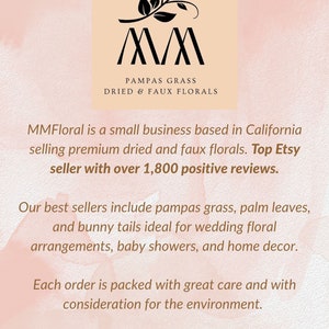 May include: A logo for MMFloral, a small business based in California selling dried and faux florals. The logo features a stylized bird perched on a branch with the text "MM" in a bold font. The text "Pampas Grass Dried & Faux Florals" is below the logo.