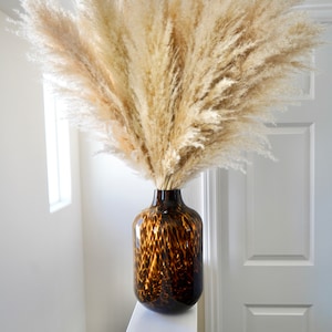 May include: A large bouquet of dried pampas grass in a brown and tan leopard print vase.