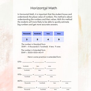 May include: A worksheet with a light pink background and blue text explaining the concept of horizontal maths. The worksheet includes a table with the place values of thousands, hundreds, tens, and ones. The table shows the number 3549 broken down into its place values. The worksheet also includes several practice problems where students are asked to write numbers in extended form.