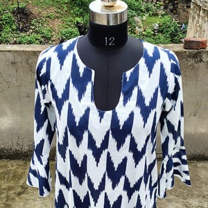 Handmade Ikat Cotton Dress: Navy Blue & White Boho Tunic