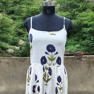Hand Block Print Cotton Dress | Blue Floral Boho Sundress | White Midi Dress with Straps | Handmade Indian Summer Dress