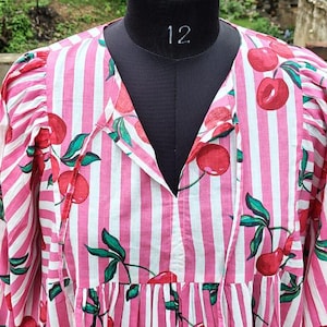 Cherry Print Cotton Maxi Dress | Pink White Stripe Boho Dress | Balloon Sleeve Loose Fit Dress | Summer Fruit Print Kaftan Style Dress