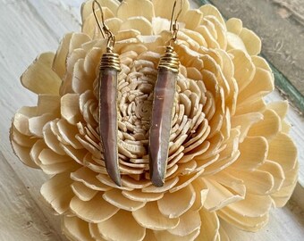 Pink chert blade dangle earrings with gold accents and gold-filled wire and hooks