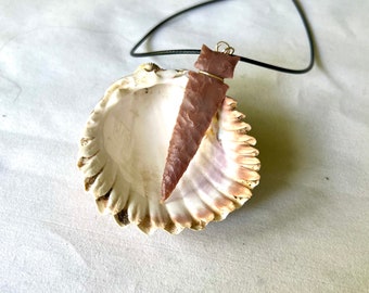Pink flint side-notch arrowhead pendant with gold-filled wire wrapping