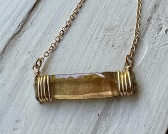 glass blade bar necklace with gold paint and gold-filled wire, chain, and fixtures