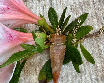 Pink chert arrowhead pendant with gold-filled chain and fixtures