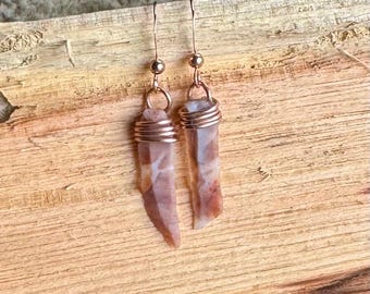 Pink flint ridge chert dangle earrings with rose gold-filled wire and hooks