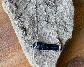 Spiderweb obsidian blade bar necklace