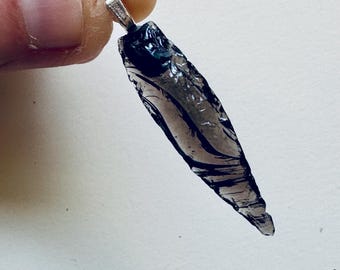 Leaf-shaped black ribbon obsidian pendant