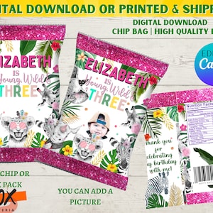 Editable Wild and Three Chip bag Template , jungle girl Third Birthday Chip bag, Safari animals zoo favor bags snack, party decor