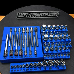 May include: A collection of metal socket tools organized on blue plastic trays. The set includes various hex bits, star bits, and E-torx sockets labeled with sizes like 3/8, 5/16, 1/4, T-60, and E24. A black sign with the text EMPTYPOCKETSDESIGNS is included.