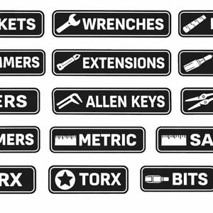 May include: Black and white tool labels with various tool names and icons, including sockets, wrenches, drill bits, dri-mmers, extensions, drivers, pliers, Allen keys, hammers, metric, SAE, Torx, and bits.