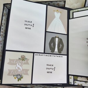 May include: A scrapbook with a black and white floral pattern on the cover. The scrapbook has a white background with black text that says "Place Photo! Here" and a black border. The scrapbook is open to reveal a page with a white background and black text that says "always & forever". The page also has a floral design with a black border. The scrapbook is closed and the cover is visible. The scrapbook is made by @CRAFTINGWITHTANVI.