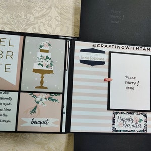 May include: A wedding scrapbook with a pink and white striped background. The scrapbook has several pages with photos and text. The text includes "Celebrate", "Welcome to our beginning", "Happily ever after", and "bouquet".