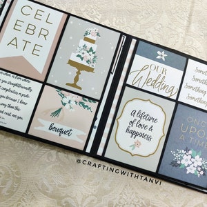 May include: A wedding scrapbook with a white and gold cake, a bouquet of flowers, and the text "Our Wedding", "A lifetime of love & happiness", "Something old, Something new, Something borrowed, Something blue", and "Once Upon A Time".