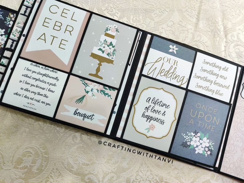 May include: A wedding scrapbook with a white and gold cake, a bouquet of flowers, and the text "Our Wedding", "A lifetime of love & happiness", "Something old, Something new, Something borrowed, Something blue", and "Once Upon A Time".