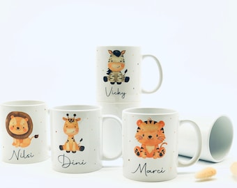 Personalisierte Tasse Kinder mit Name und Tier (Giraffe, Zebra, Löwe, Tiger, Nilpferd, Tiger, Affe usw.)