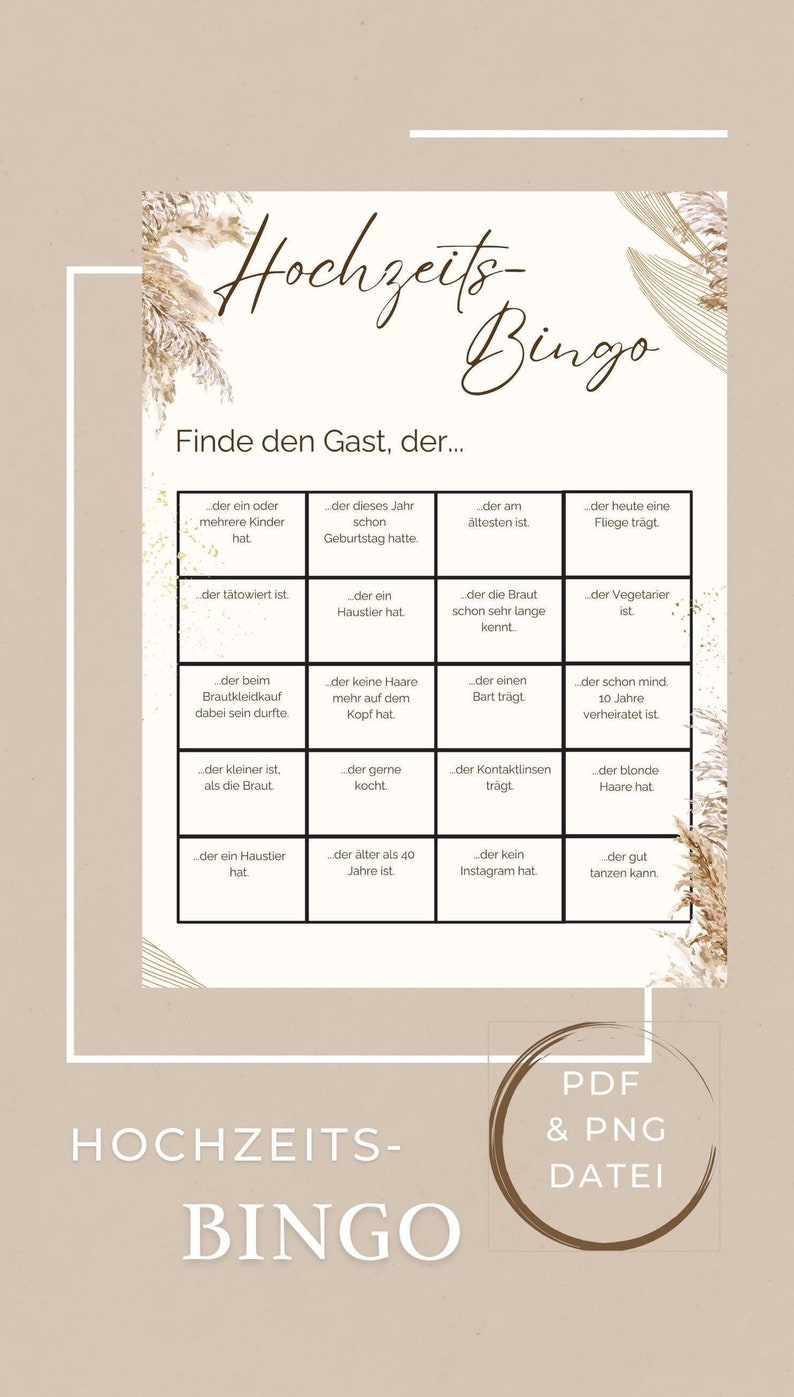 Wedding Bingo Game, Find the Guest..., Quiz Boho Flowers Beige Brown Etsy