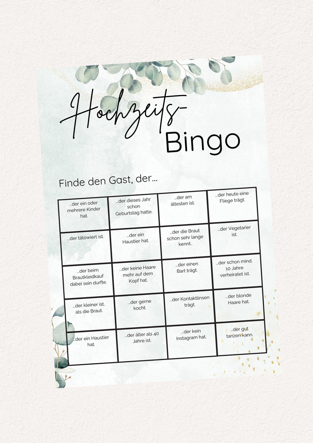 Wedding Bingo Game, Find the Guest..., Quiz Boho Flowers Eucalyptus