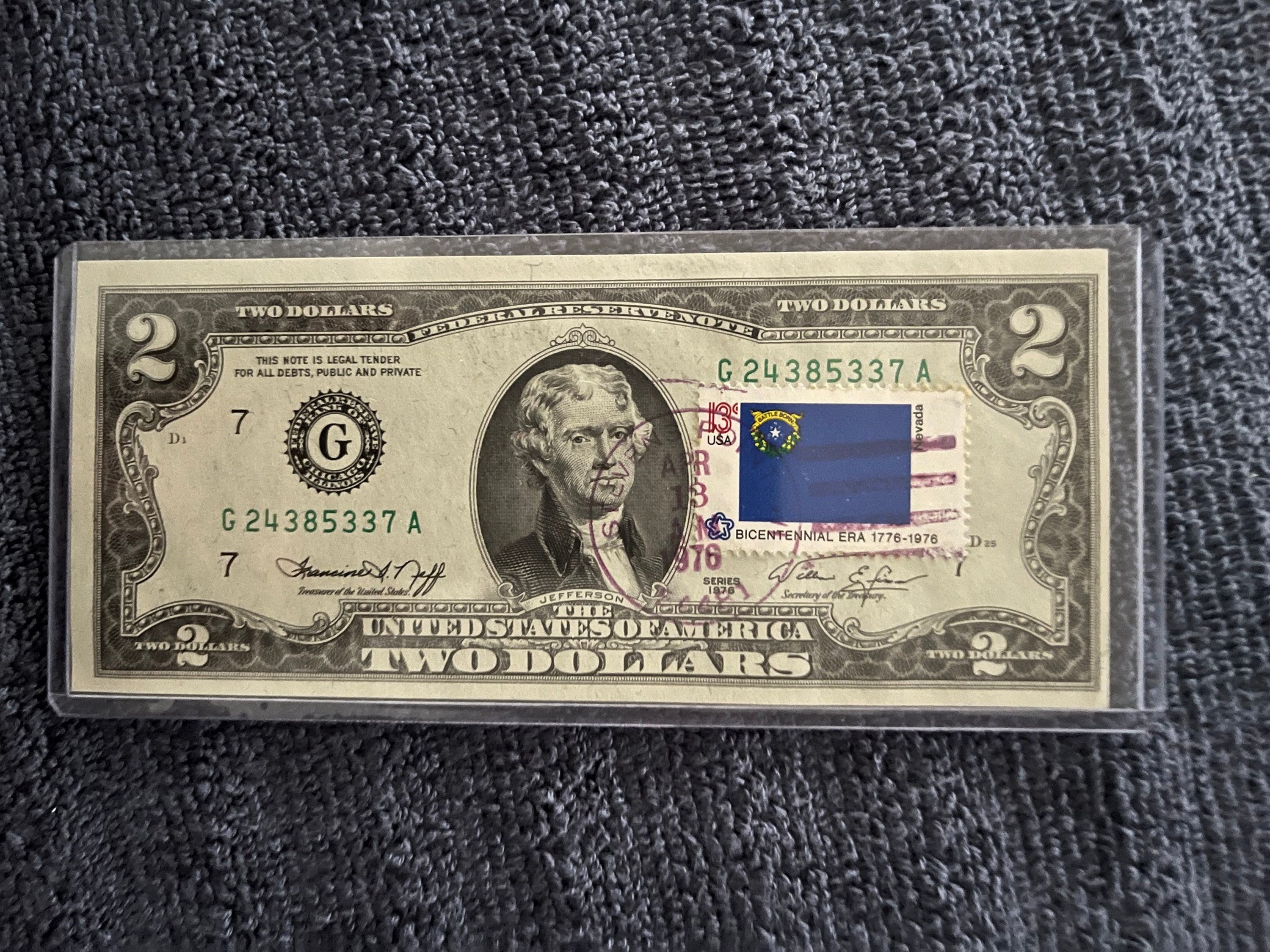 RARE 1976 Bicentennial 2 Dollar Bill With First Day Of Issue Stamp 