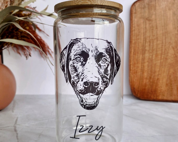Personalized Pet Glass with Bamboo Lid, Custom Pet Portrait, Custom Dog Mug, Dog and Cat Mom Gift, Dog Lover Gift, Pet Portrait Glass Cup