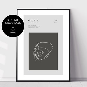Puede incluir: Una impresión artística enmarcada con un diseño minimalista. La impresión presenta la palabra "ÓKYR" en la parte superior, con texto debajo. Un círculo negro con las palabras "DESCARGA DIGITAL" y una flecha hacia abajo está en la esquina superior izquierda. La obra de arte tiene una combinación de colores gris y blanco.