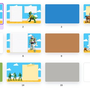 以下が含まれることがあります： トイストーリーのキャラクターをフィーチャーした15枚の画像のコラージュ。画像には、雲のある青い空、白い紙、青い背景、茶色の背景、緑色の背景、線が引かれた白い紙、白い背景、線が引かれた白い紙、茶色の背景、雲のある白い背景、青い背景、雲のある白い背景、緑色の背景、線が引かれた白い紙、灰色の背景が含まれています。
