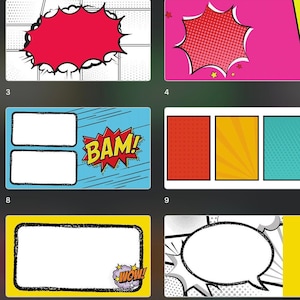 Puede incluir: Un conjunto de 10 fondos digitales de estilo cómic con diferentes colores y patrones. Los fondos presentan bocadillos de diálogo, texto y otros elementos de cómic.