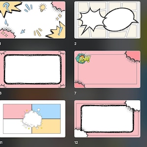 Puede incluir: Un conjunto de 10 marcos de estilo cómic coloridos con diferentes bordes y fondos. Los marcos son perfectos para agregar un toque divertido y juguetón a tus proyectos.